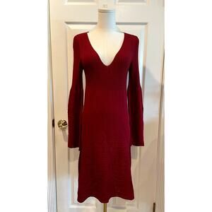 Leon Max Limited Edition Deep Red Ribbed Knit Bell Sleeve V-Neck Midi Dress S